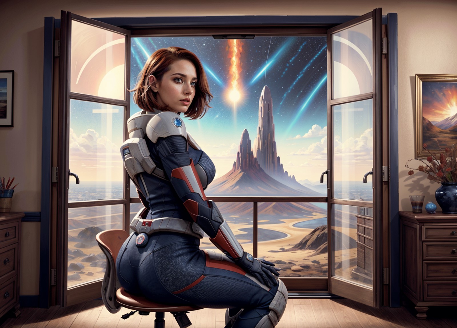 a woman sitting on a chair in front of a large window with a view of a fiery red and blue star, Eve Ryder, (mass effect:1....